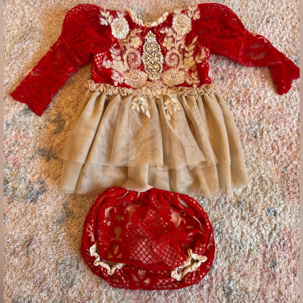 Two-piece Red & beige embellished Set. Size 18-24 mos